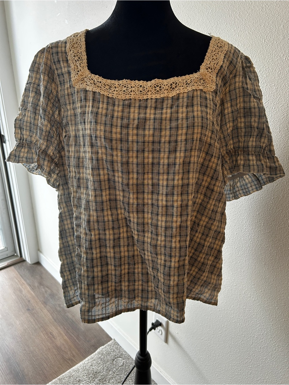 SHEIN Cream & Blue Plaid Square-Neck Blouse with Crochet Trim